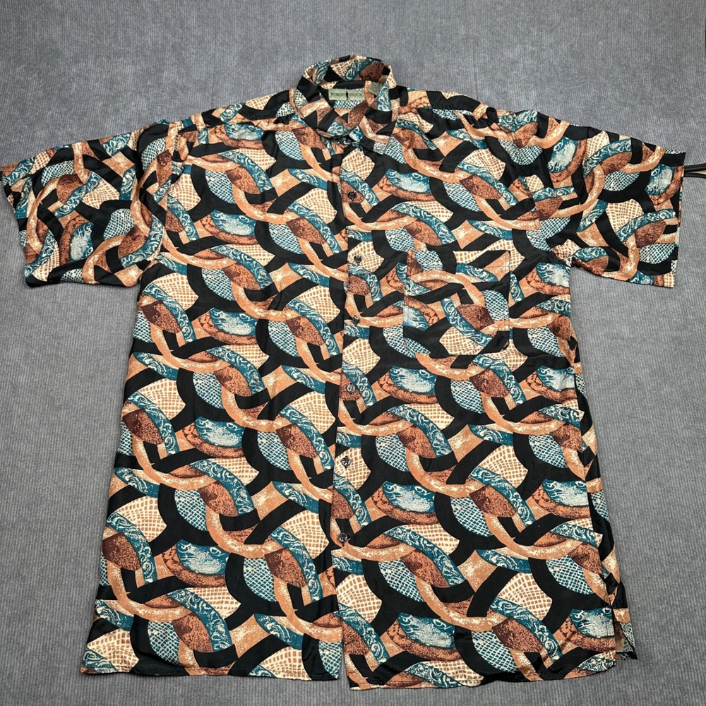 Robert Stock Mens XL Silk Button Down Y2k Shirt Short Sleeve Abstract Chain Vtg